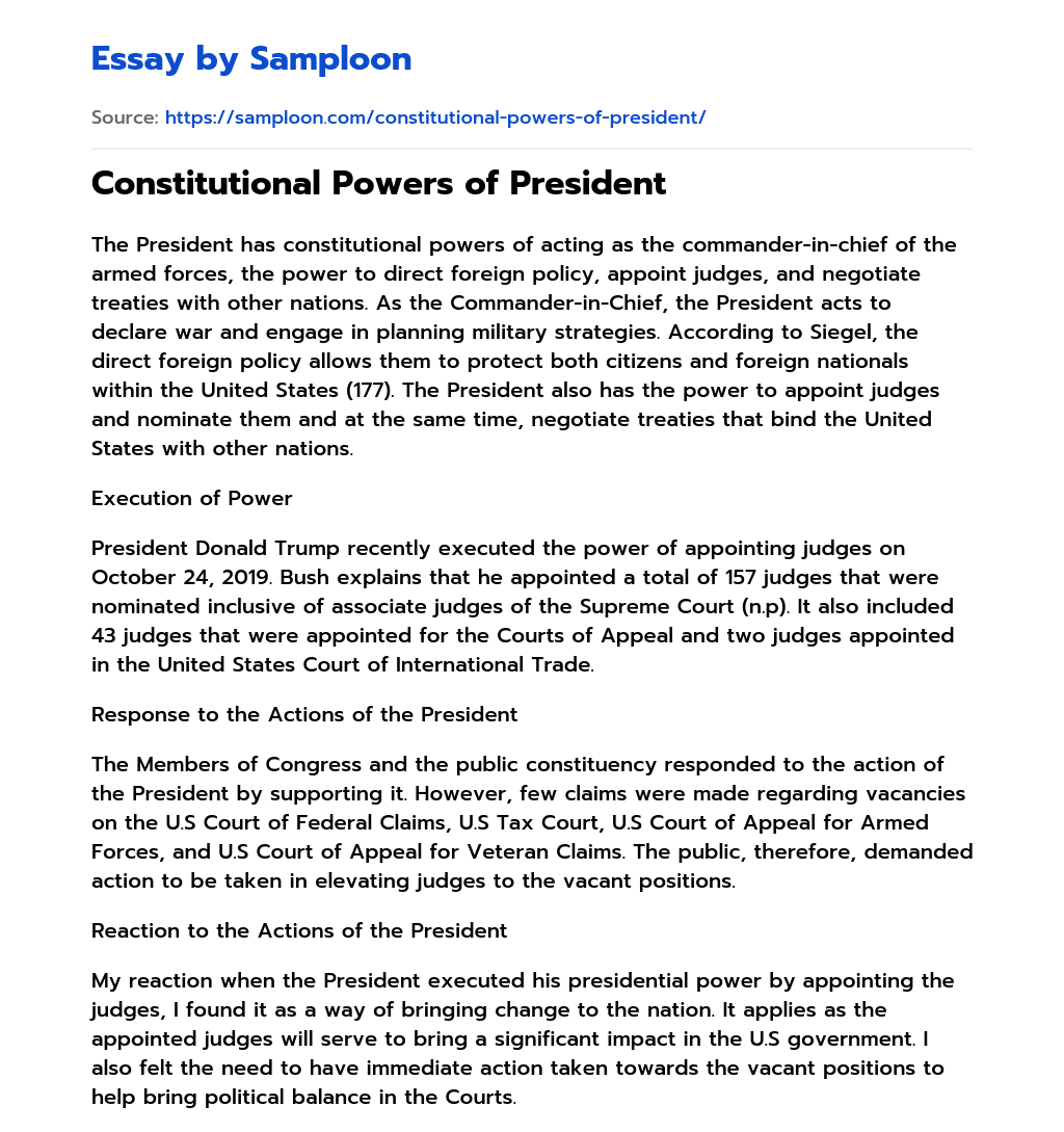 Constitutional Powers of President essay