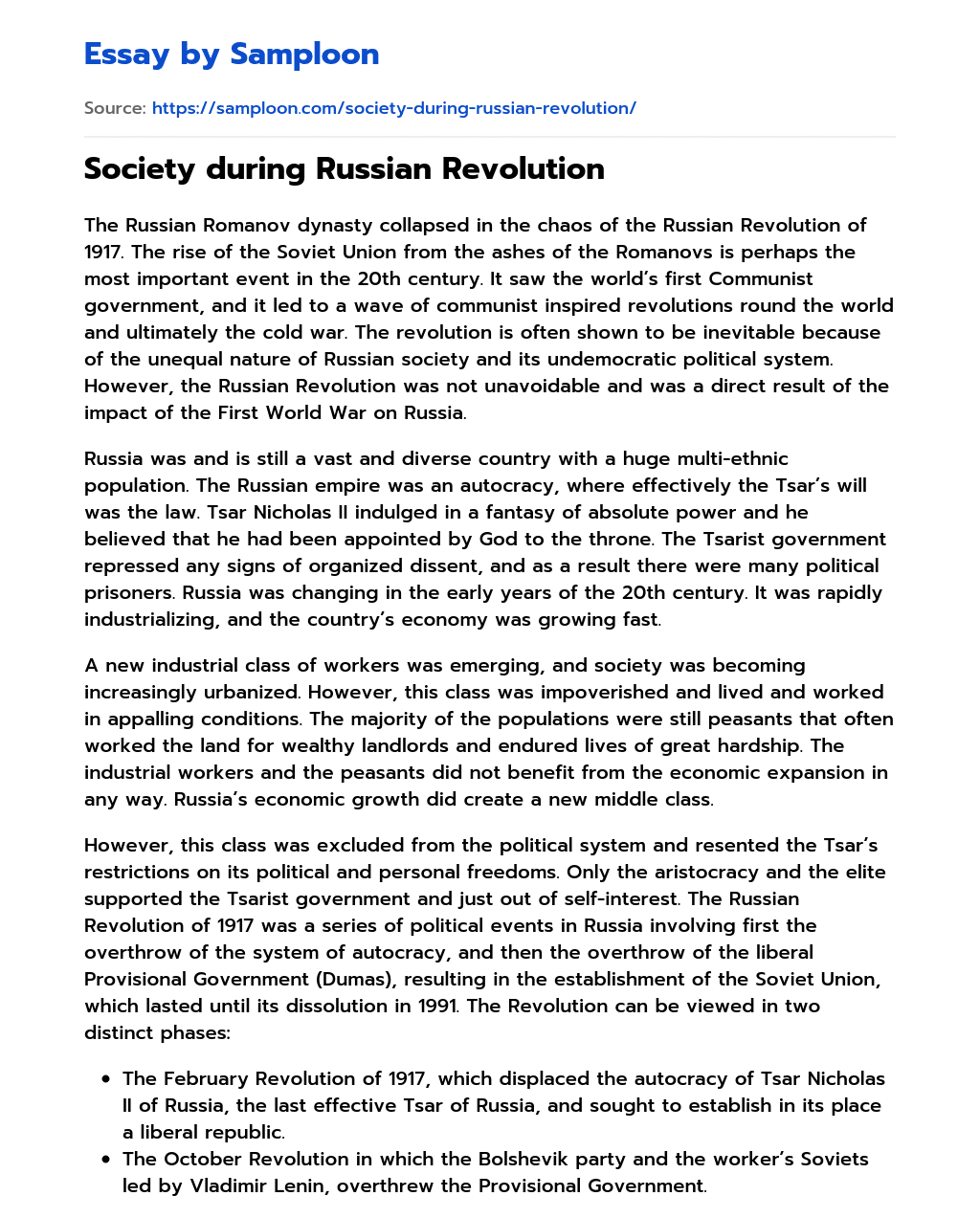Society during Russian Revolution essay