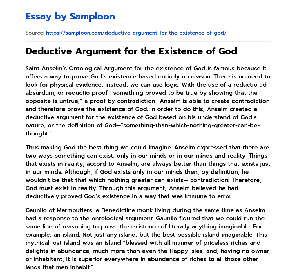 Deductive Argument for the Existence of God Argumentative Essay essay