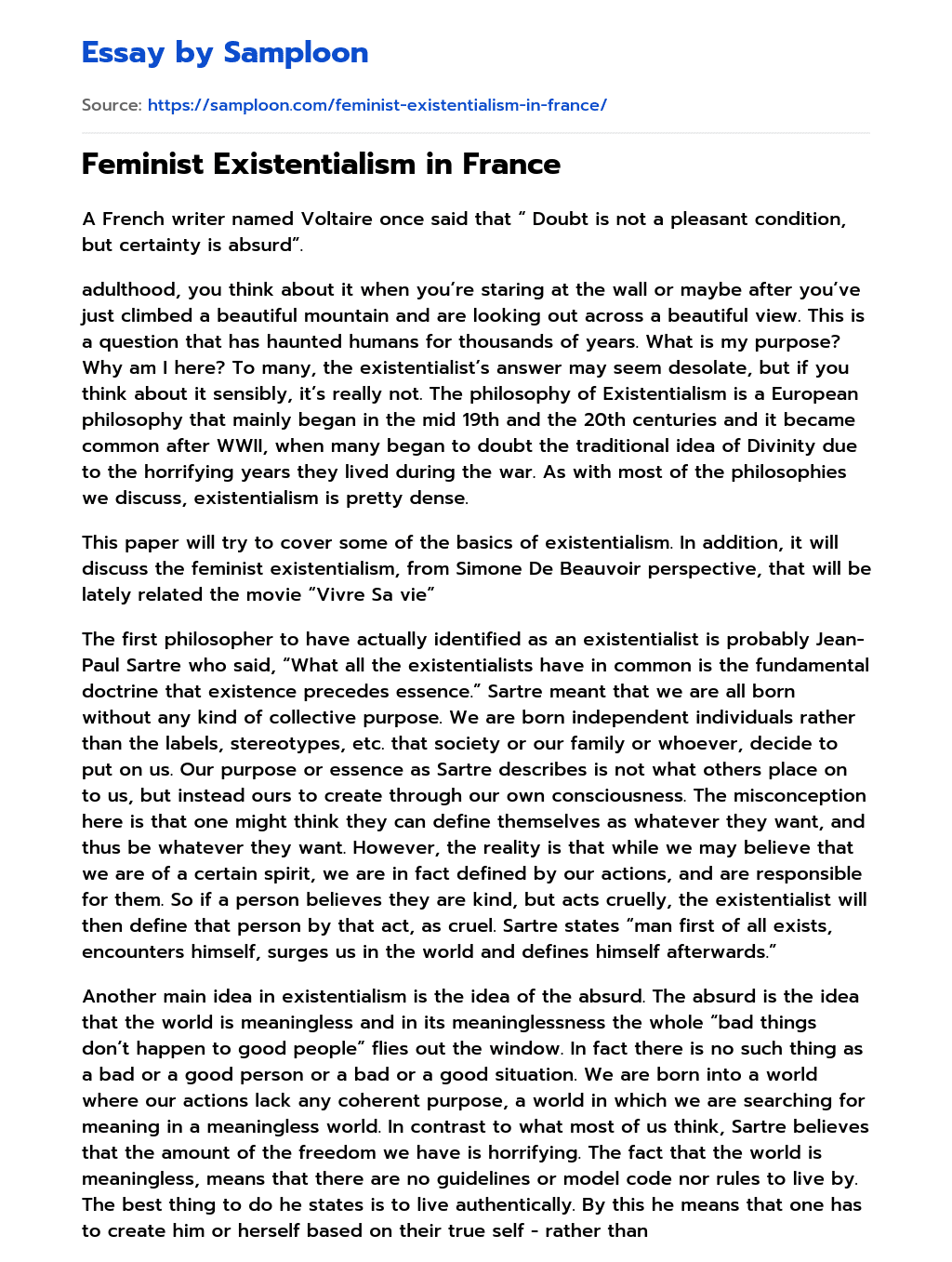 Feminist Existentialism in France essay