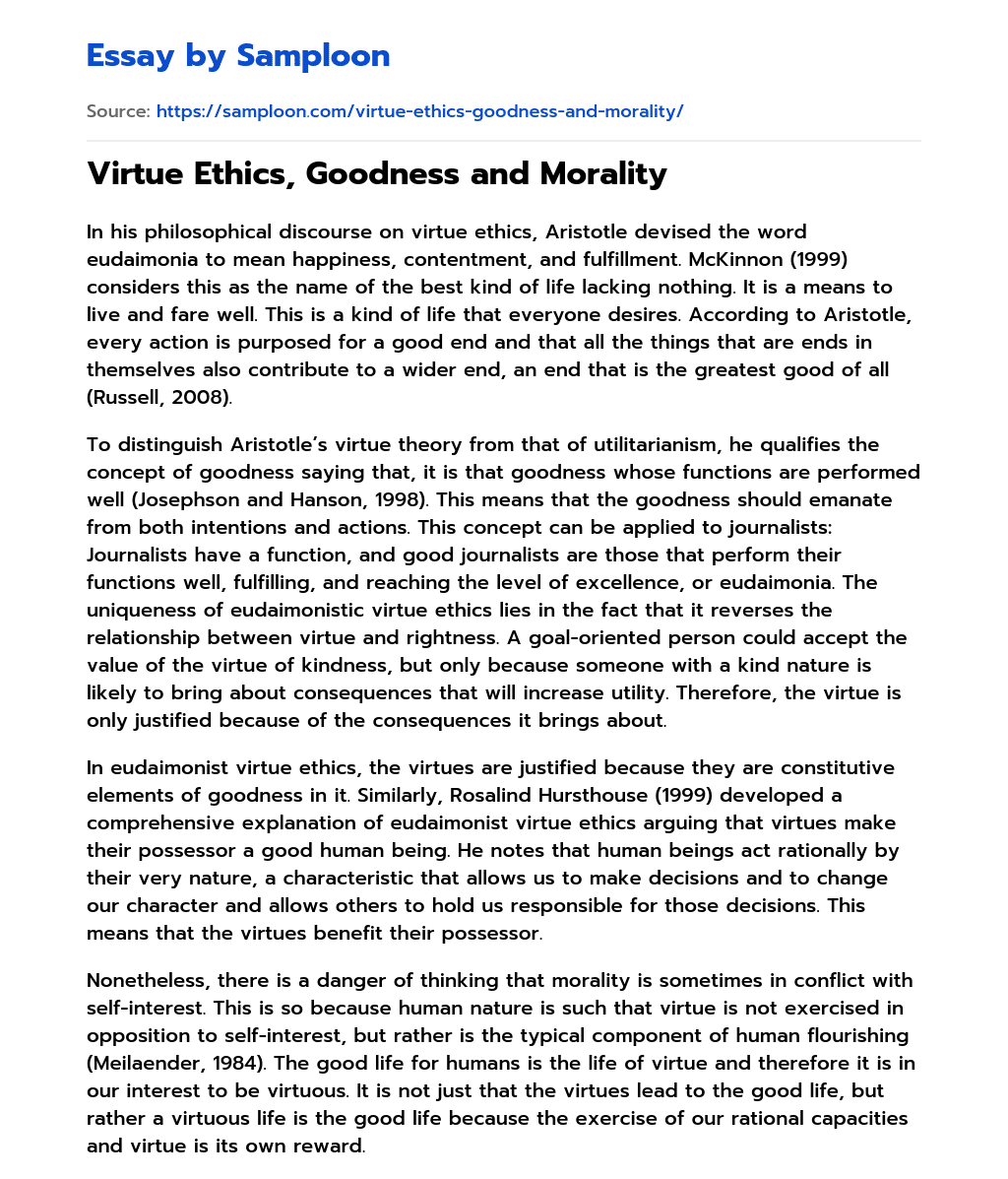 Virtue Ethics, Goodness and Morality essay