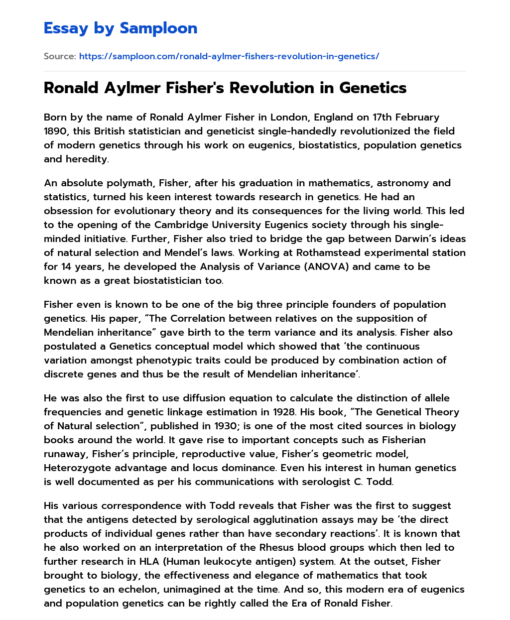 Ronald Aylmer Fisher’s Revolution in Genetics essay