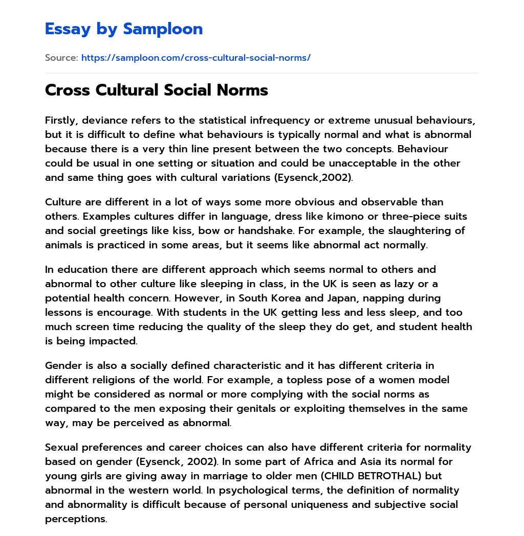 Cross Cultural Social Norms essay