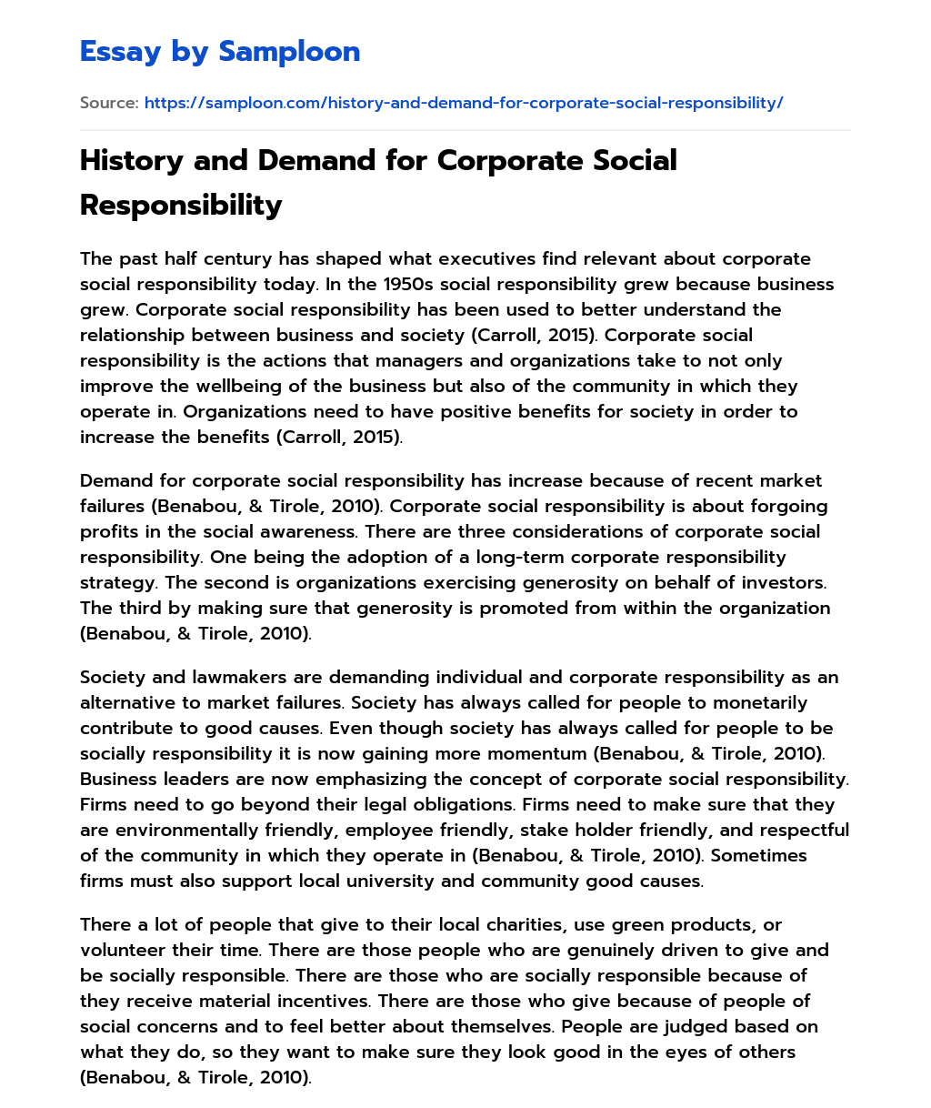 History and Demand for Corporate Social Responsibility essay