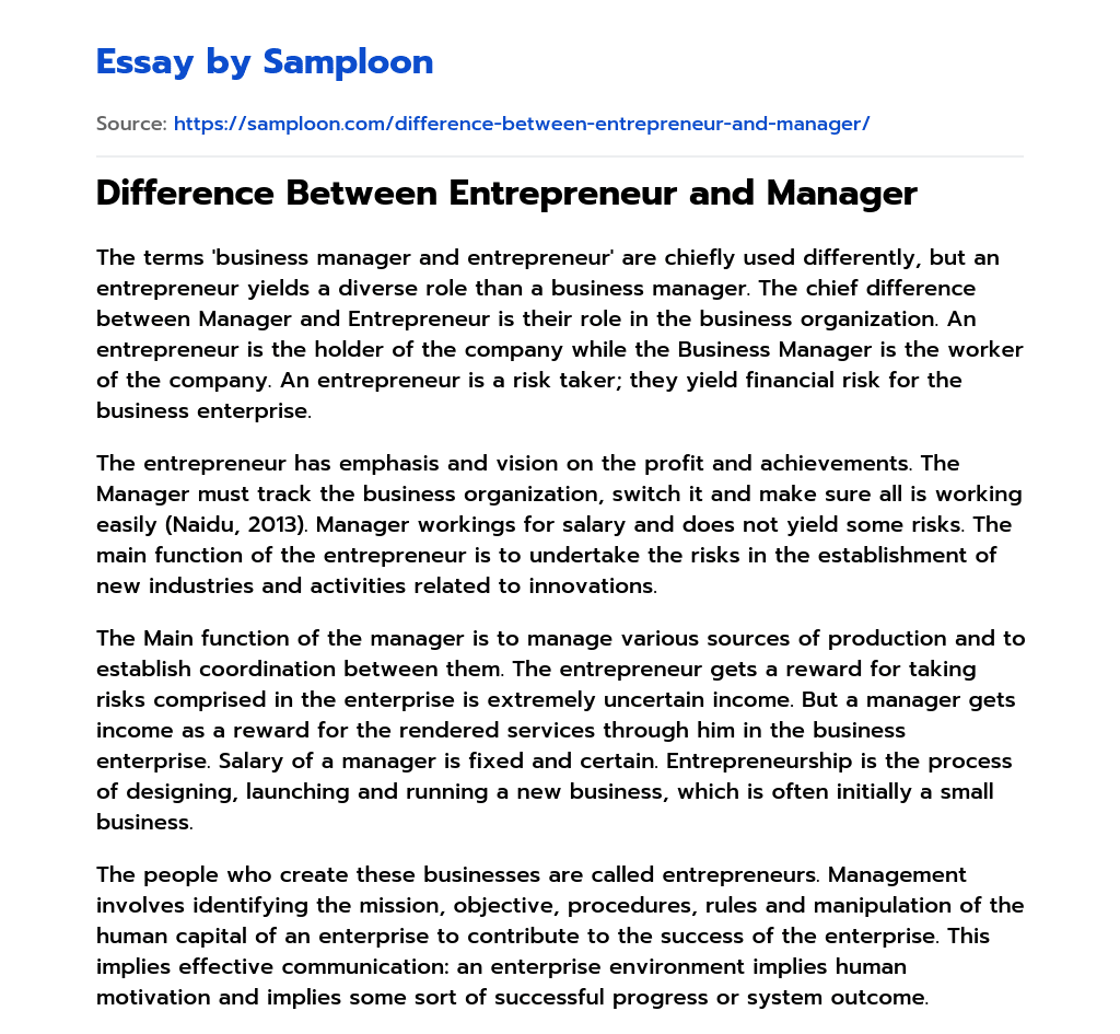 Difference Between Entrepreneur and Manager essay