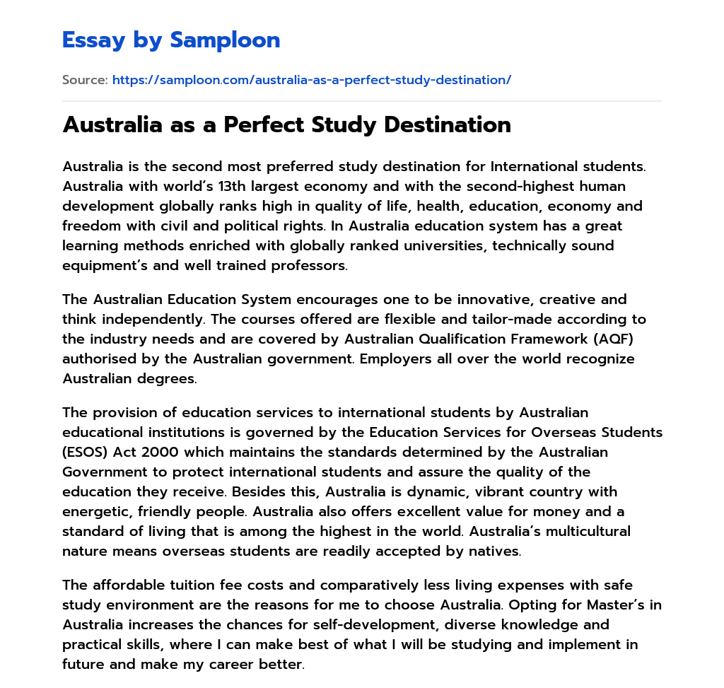 Australia as a Perfect Study Destination essay