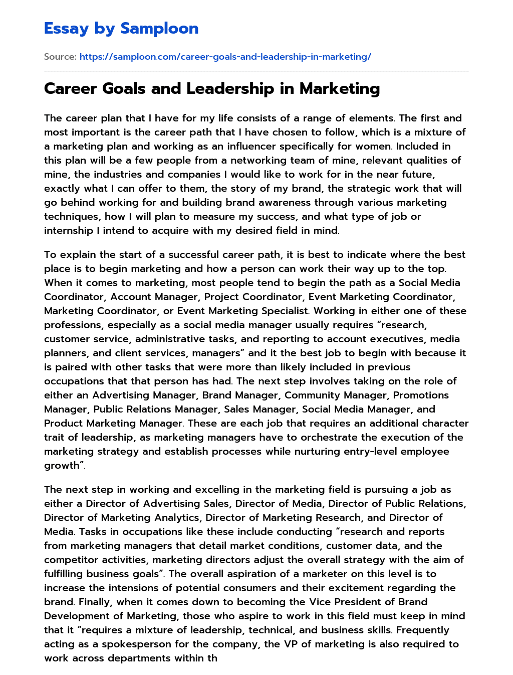 Career Goals and Leadership in Marketing essay