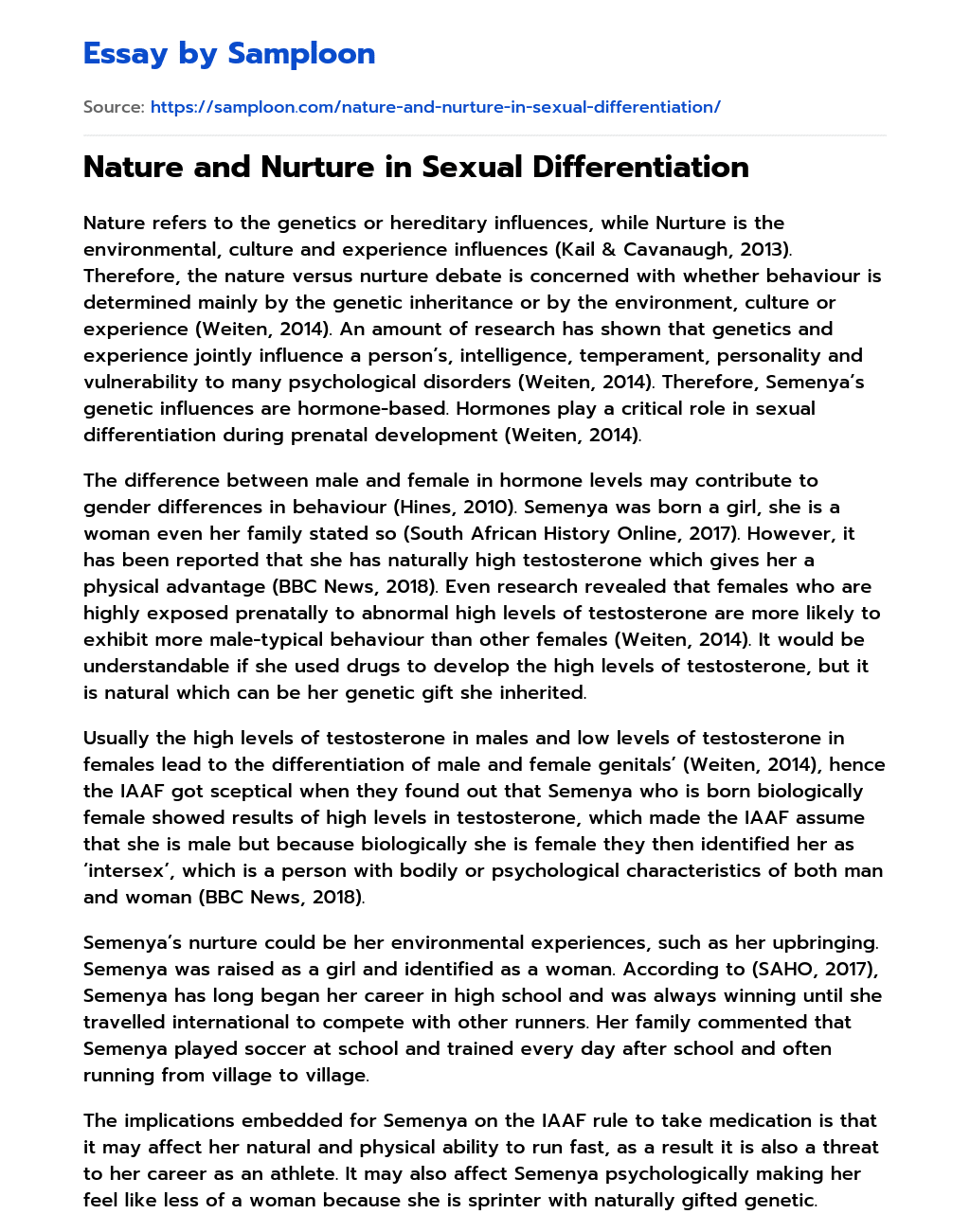 Nature and Nurture in Sexual Differentiation essay