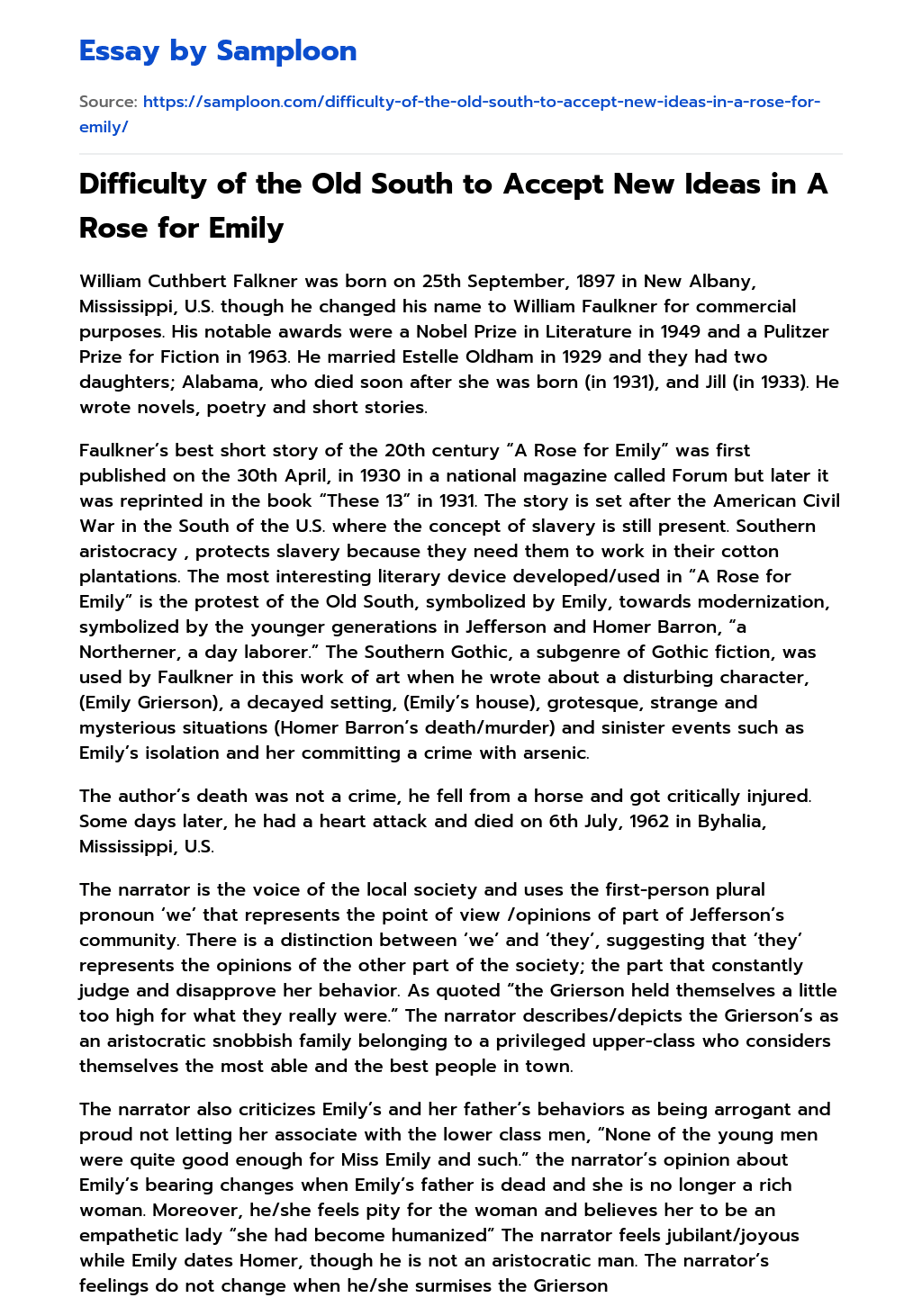 Difficulty of the Old South to Accept New Ideas in A Rose for Emily essay