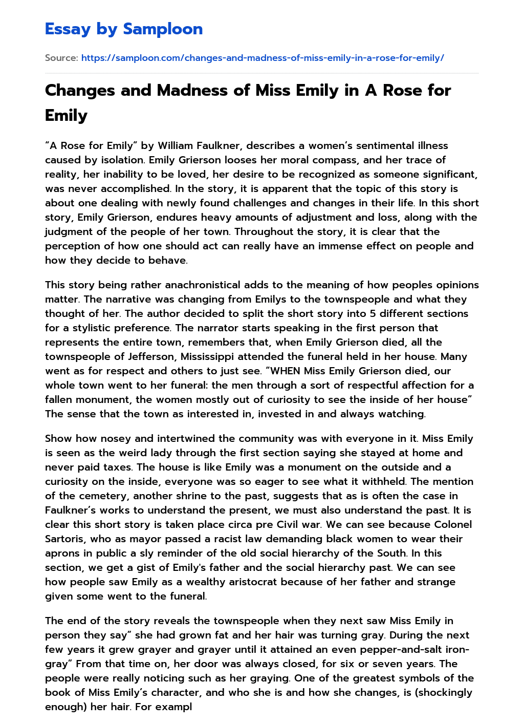 Changes and Madness of Miss Emily in A Rose for Emily essay