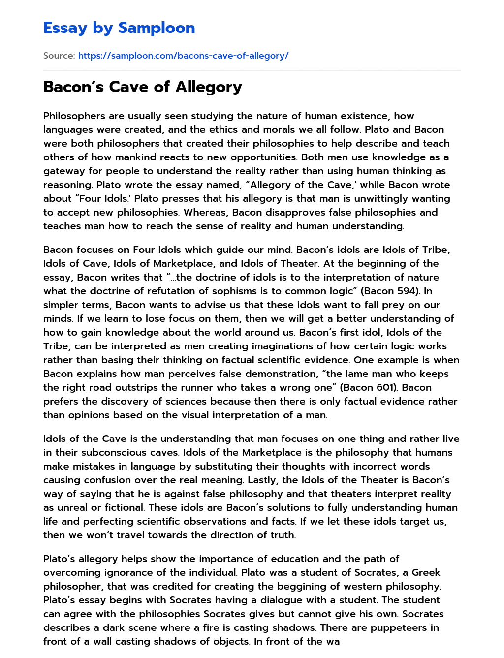 Bacon’s Cave of Allegory essay