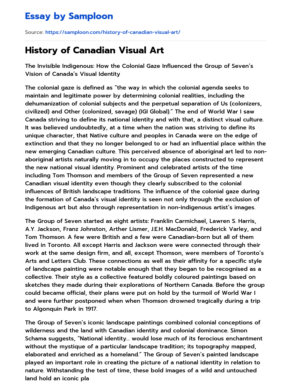 History of Canadian Visual Art essay