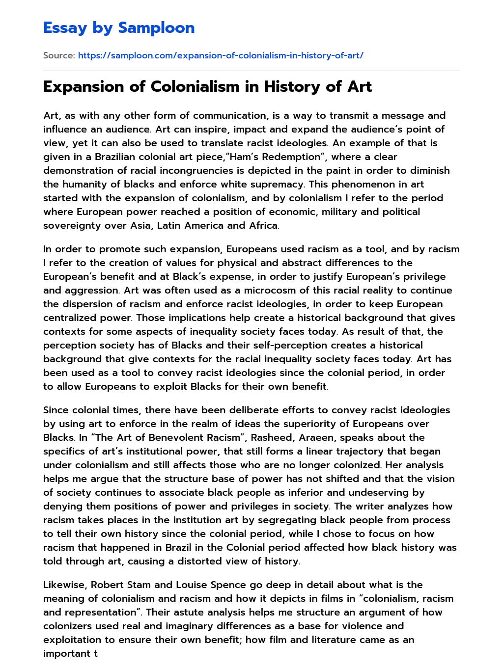 Expansion of Colonialism in History of Art essay