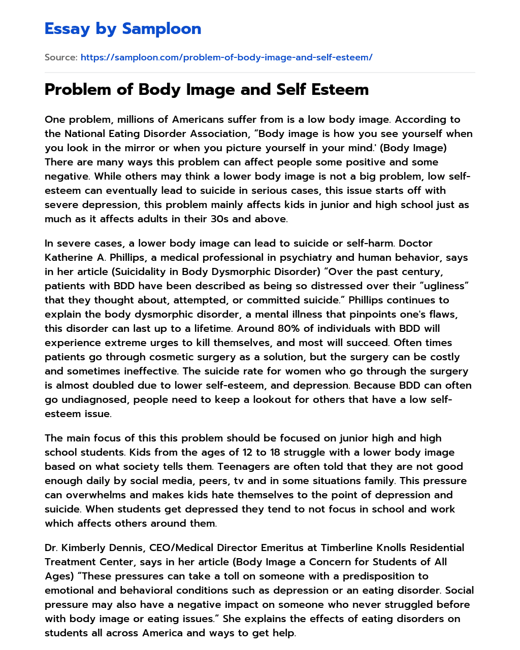 Problem of Body Image and Self Esteem essay