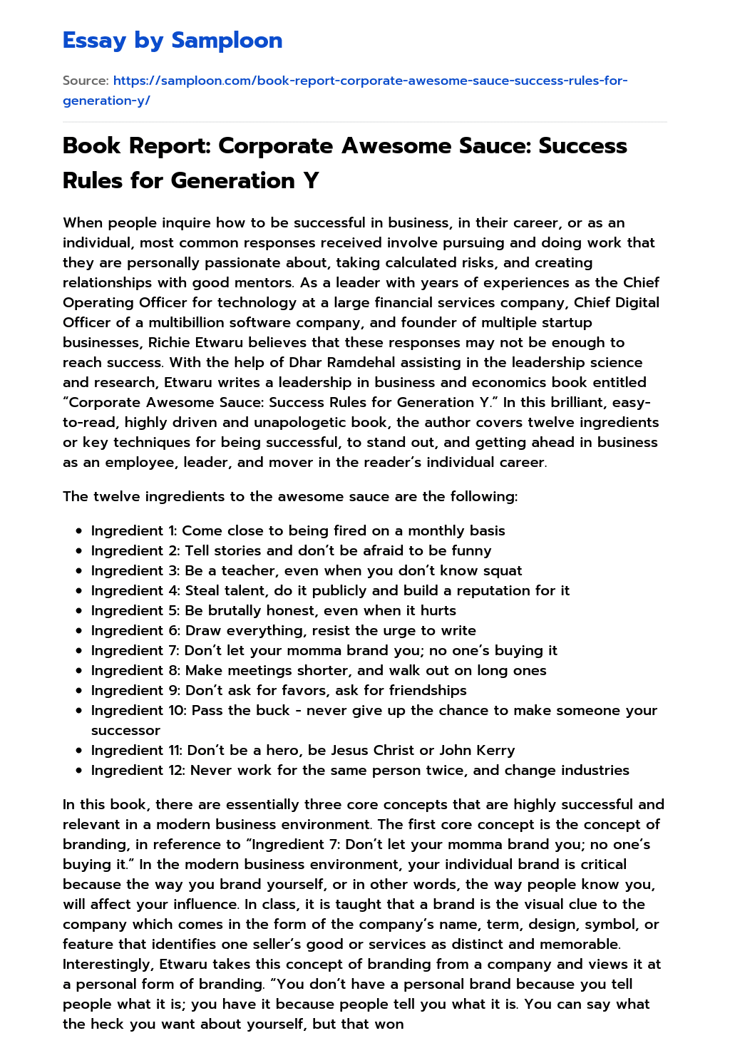 Book Report: Corporate Awesome Sauce: Success Rules for Generation Y essay