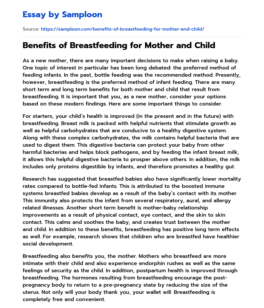 Benefits of Breastfeeding for Mother and Child essay