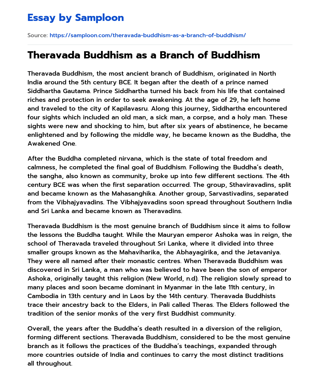 Theravada Buddhism as a Branch of Buddhism essay
