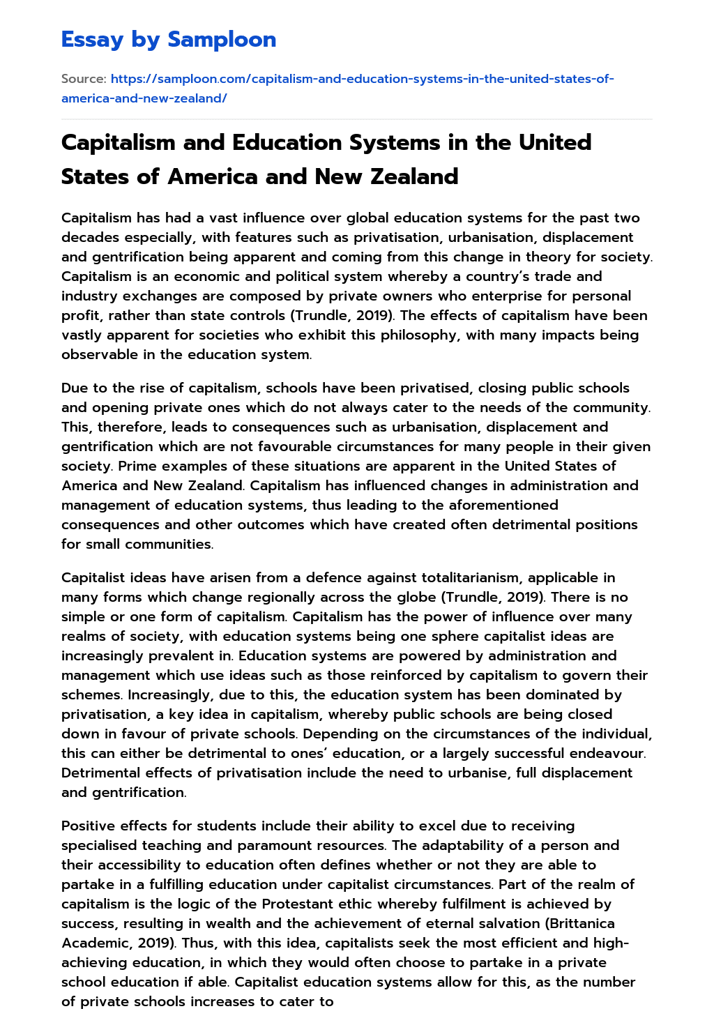 Capitalism and Education Systems in the United States of America and New Zealand essay