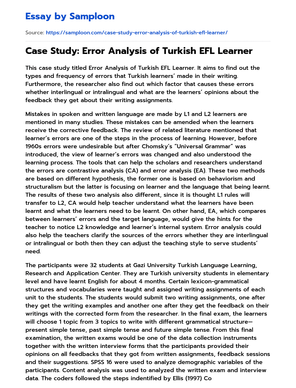 Case Study: Error Analysis of Turkish EFL Learner essay