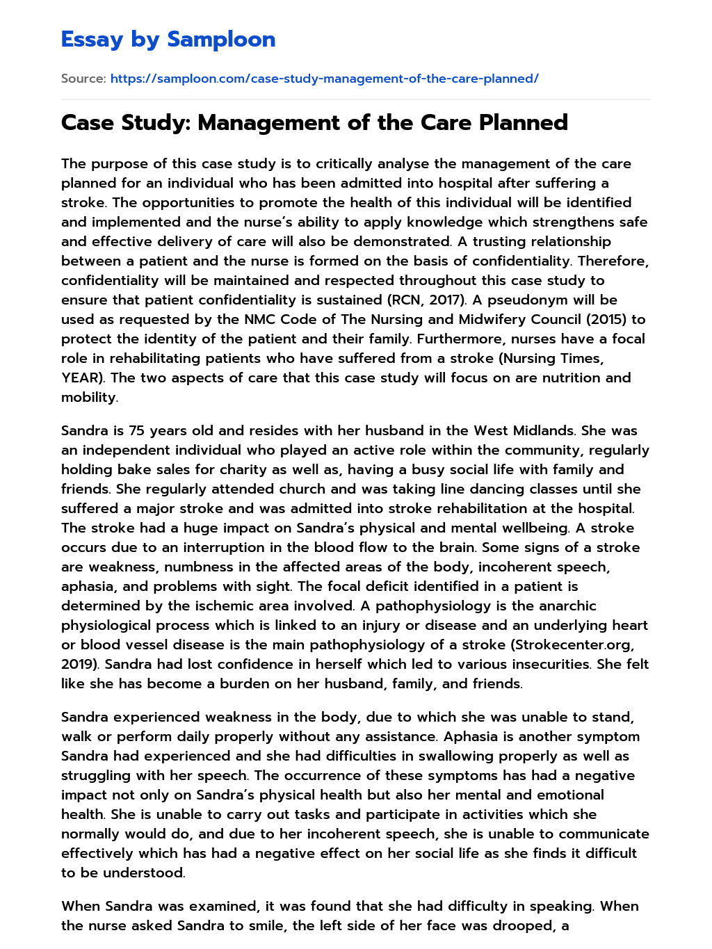 Case Study: Management of the Care Planned essay