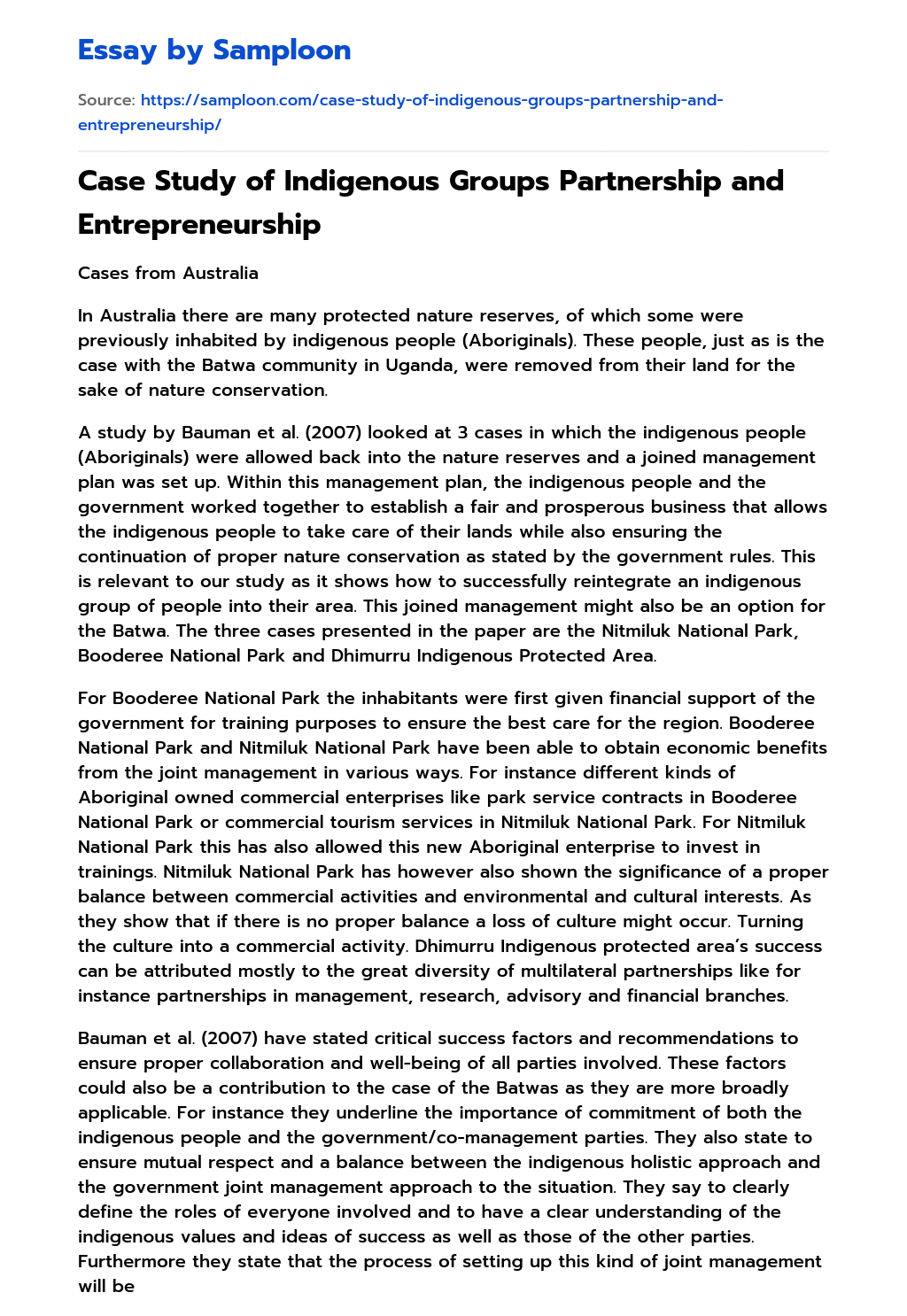 Case Study of Indigenous Groups Partnership and Entrepreneurship essay