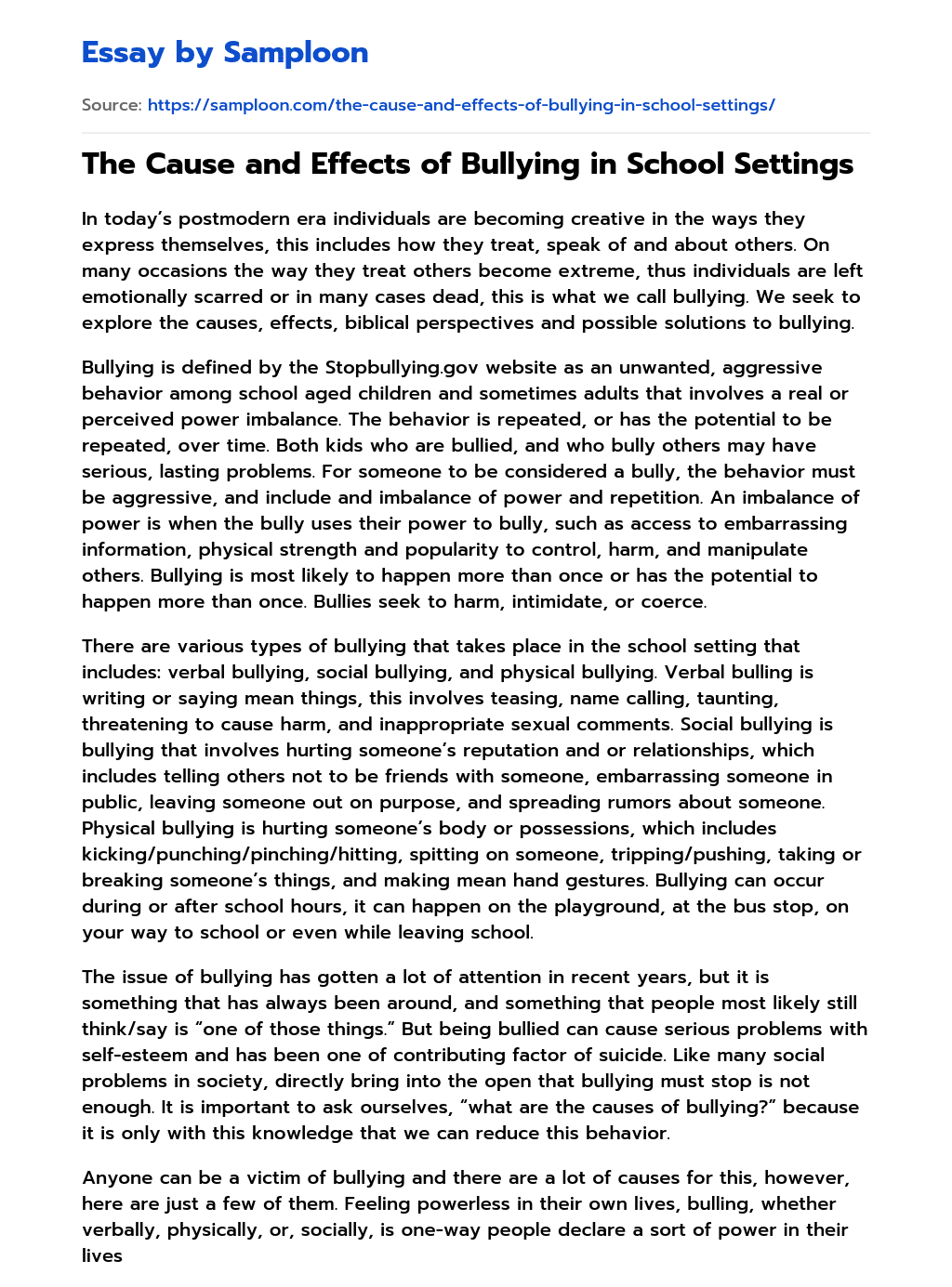 ≫ The Cause And Effects Of Bullying In School Settings Free Essay Sample On