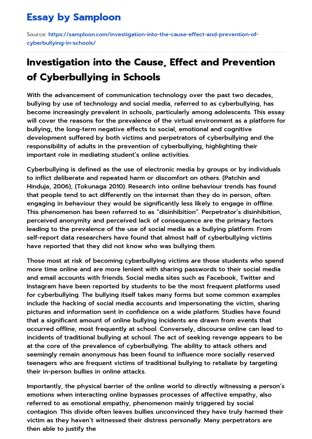 Investigation into the Cause, Effect and Prevention of Cyberbullying in Schools  essay