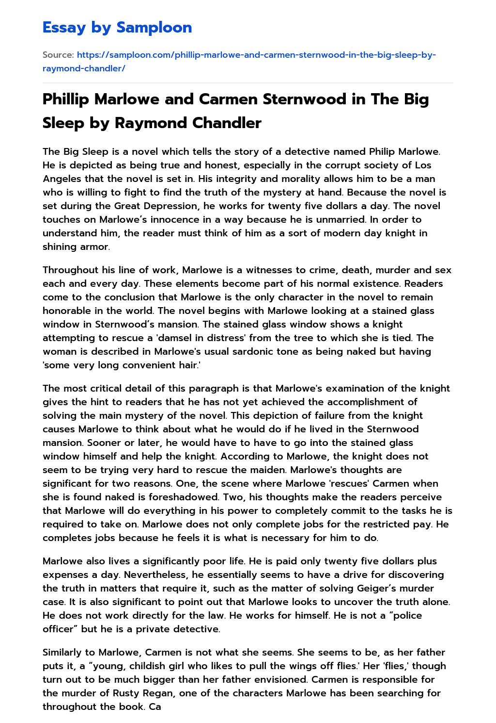 Phillip Marlowe and Carmen Sternwood in The Big Sleep by Raymond Chandler Analytical Essay essay