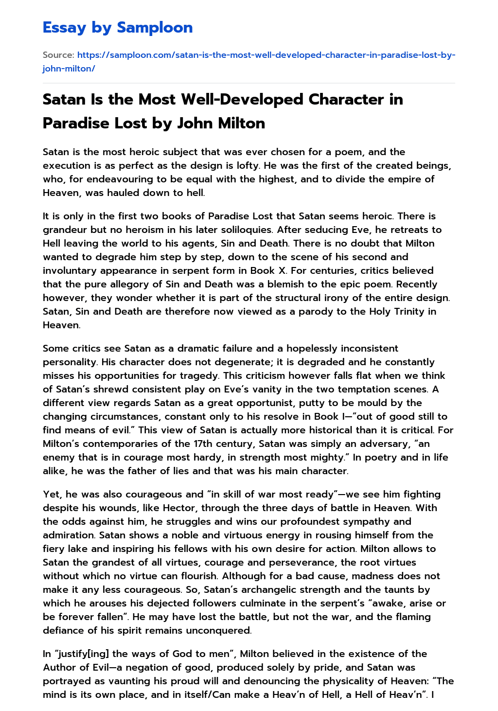 Satan Is the Most Well-Developed Character in Paradise Lost by John Milton Analytical Essay essay