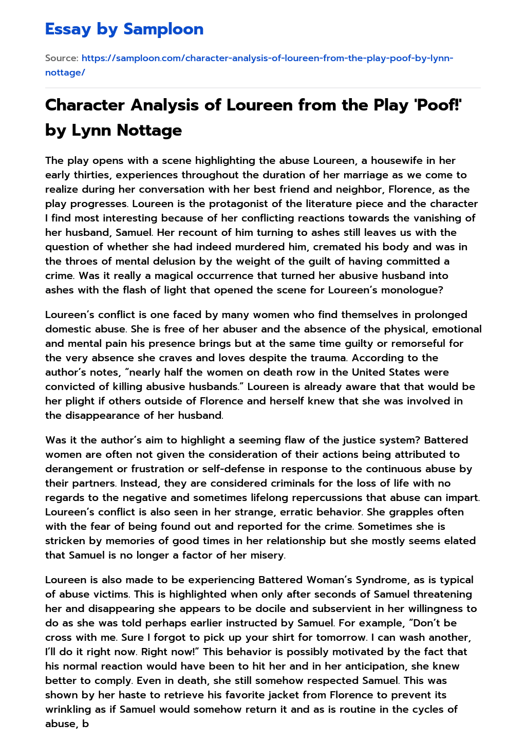 Character Analysis of Loureen from the Play ‘Poof!’ by Lynn Nottage essay