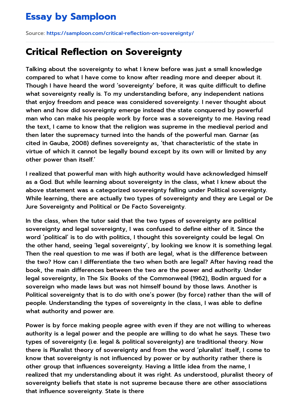 Critical Reflection on Sovereignty essay