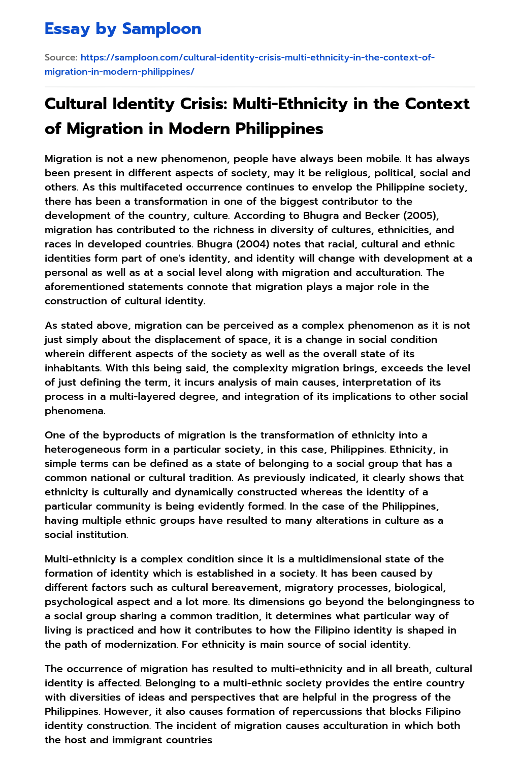 Cultural Identity Crisis: Multi-Ethnicity in the Context of Migration in Modern Philippines essay
