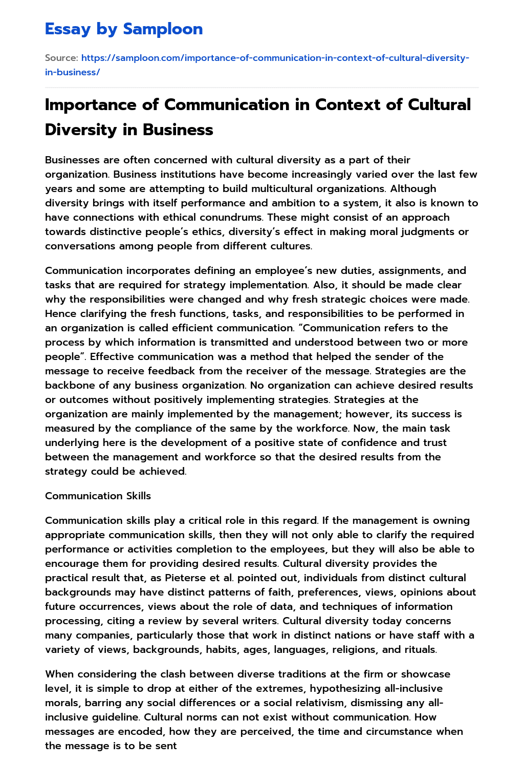 Importance of Communication in Context of Cultural Diversity in Business essay