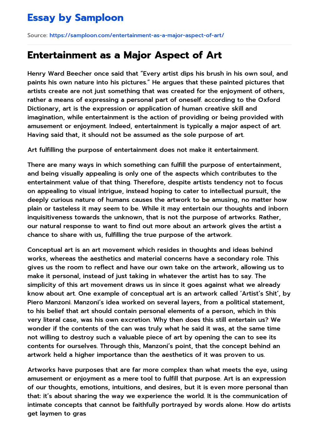 Entertainment as a Major Aspect of Art Analytical Essay essay