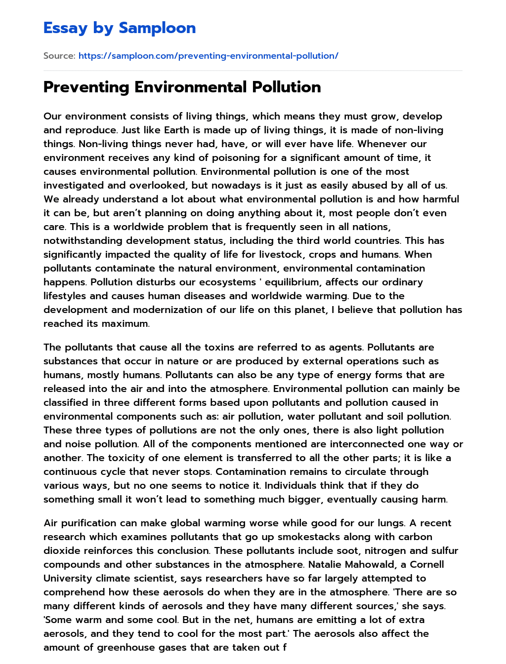 Preventing Environmental Pollution essay