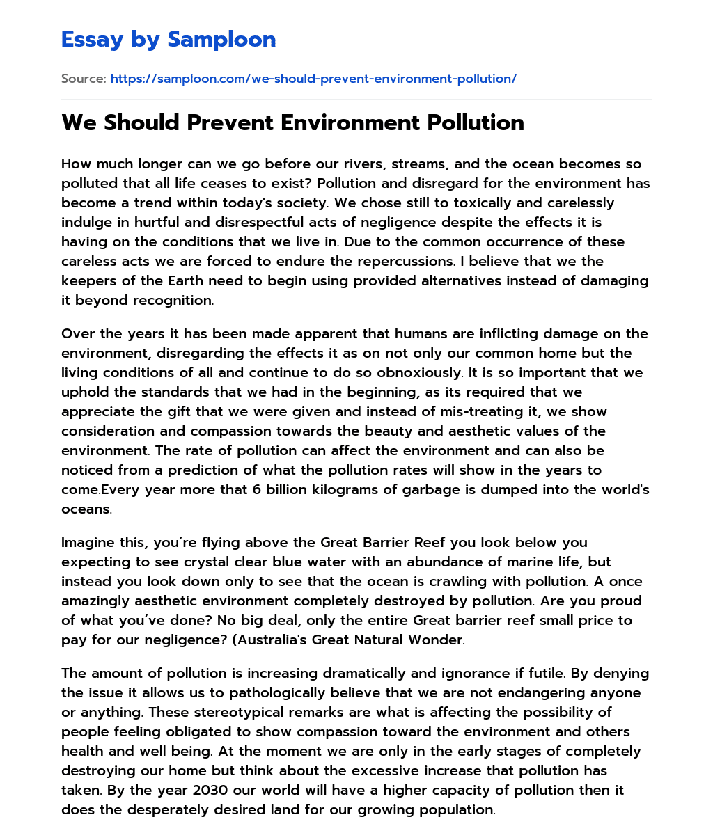 We Should Prevent Environment Pollution essay