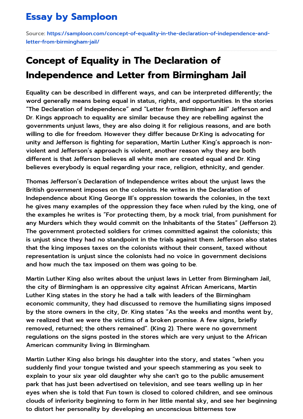 Concept of Equality in The Declaration of Independence and Letter from Birmingham Jail essay