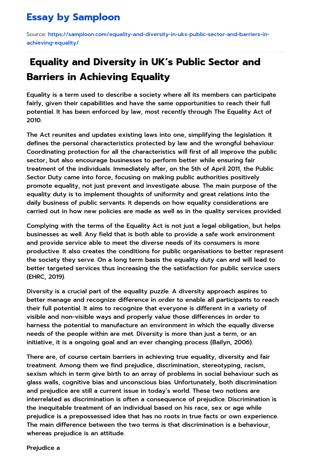  Equality and Diversity in UK’s Public Sector and Barriers in Achieving Equality essay