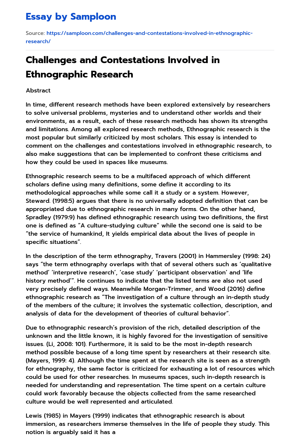 Challenges and Contestations Involved in Ethnographic Research essay