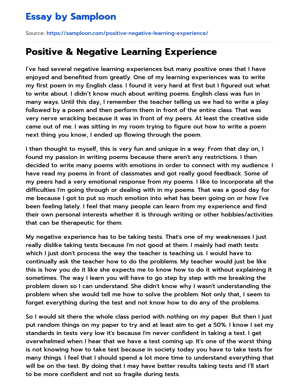 Positive & Negative Learning Experience essay