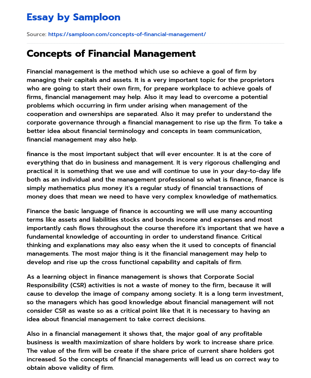 Concepts of Financial Management essay