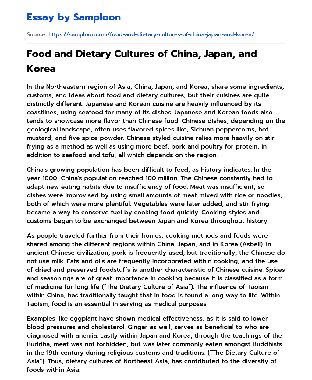 Food and Dietary Cultures of China, Japan, and Korea essay