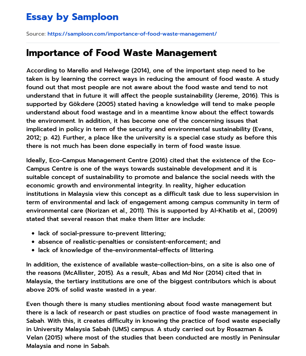 Importance of Food Waste Management essay