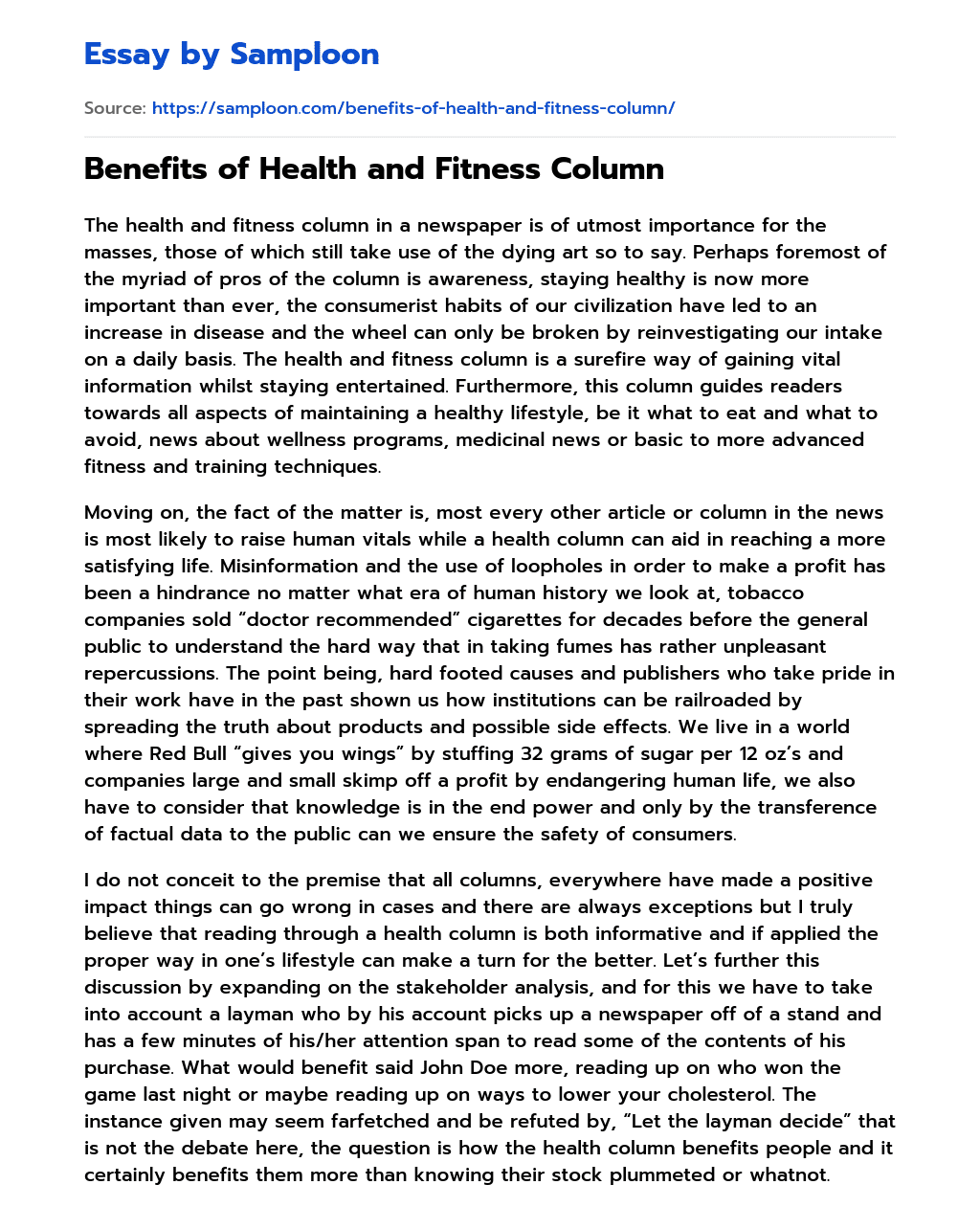 Benefits of Health and Fitness Column essay