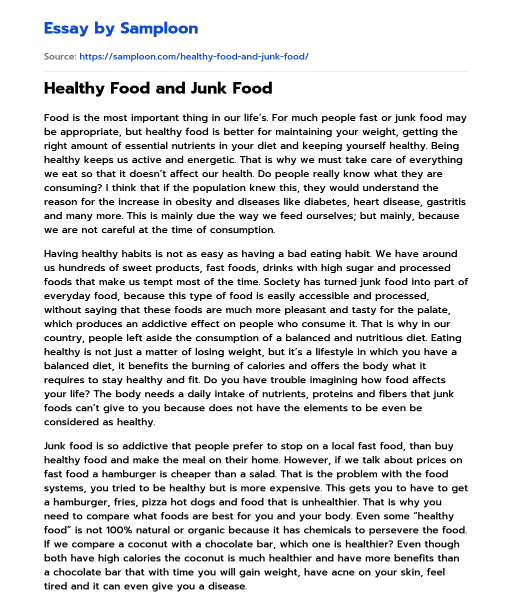 comparative essay about junk food and healthy food