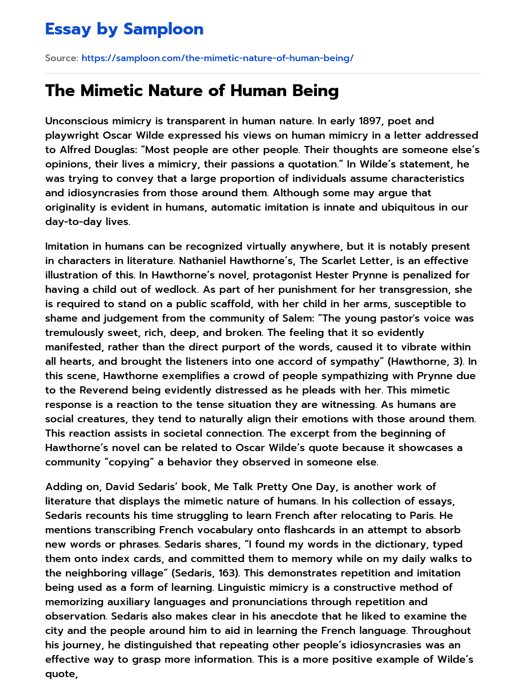 The Mimetic Nature of Human Being essay