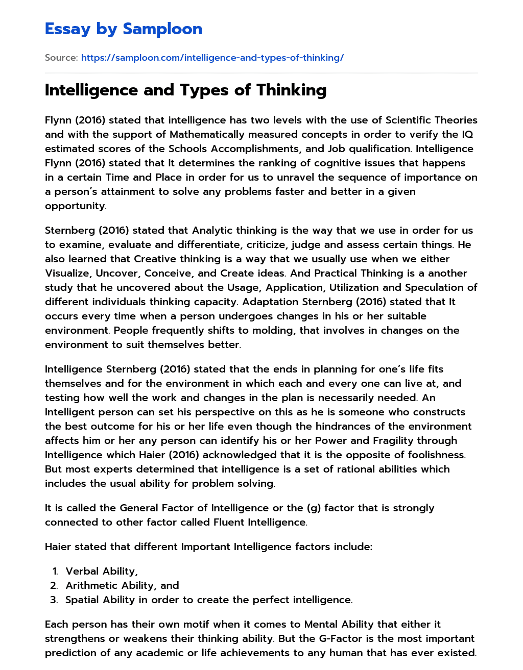 Intelligence and Types of Thinking essay