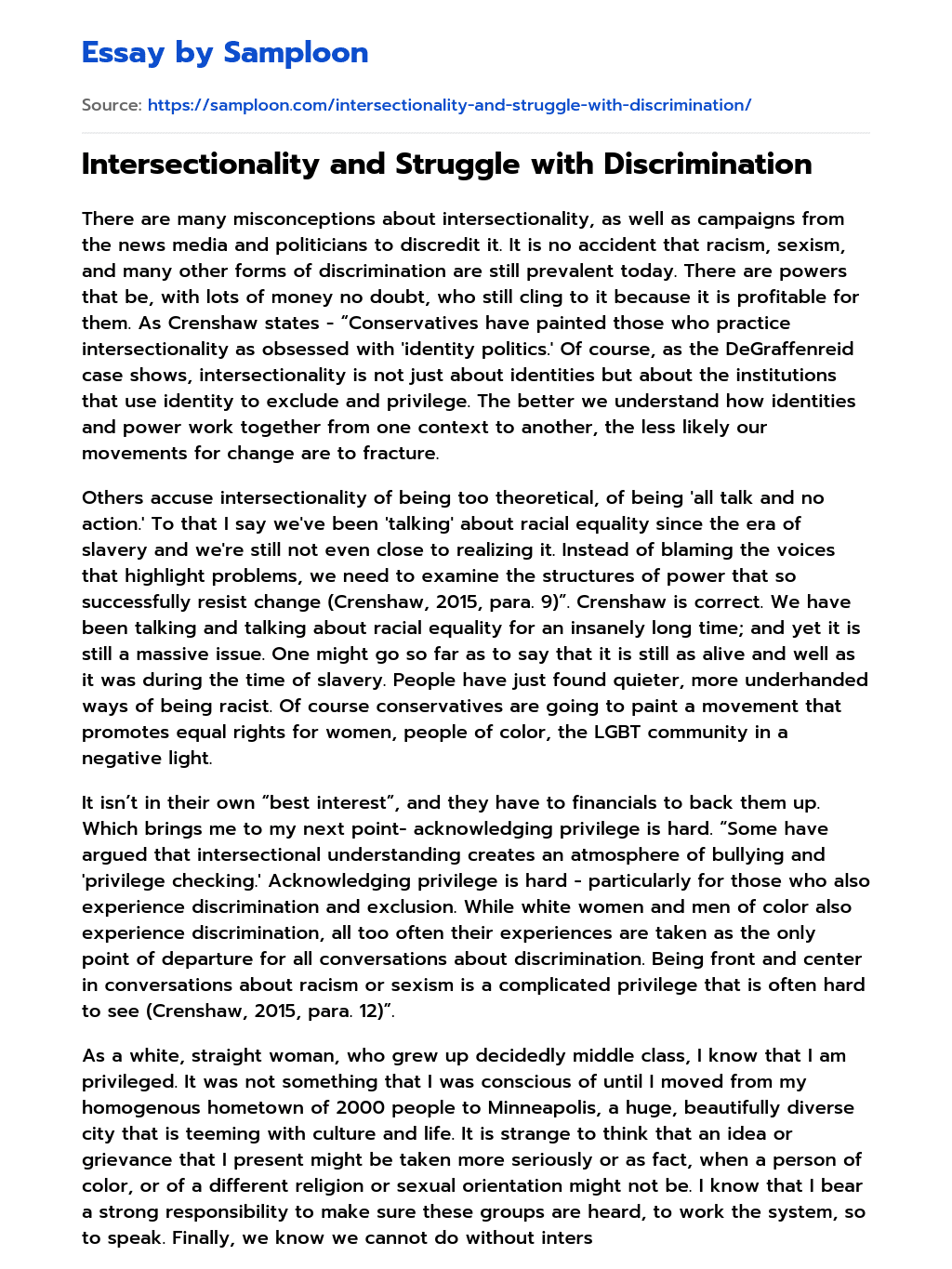 Intersectionality and Struggle with Discrimination essay