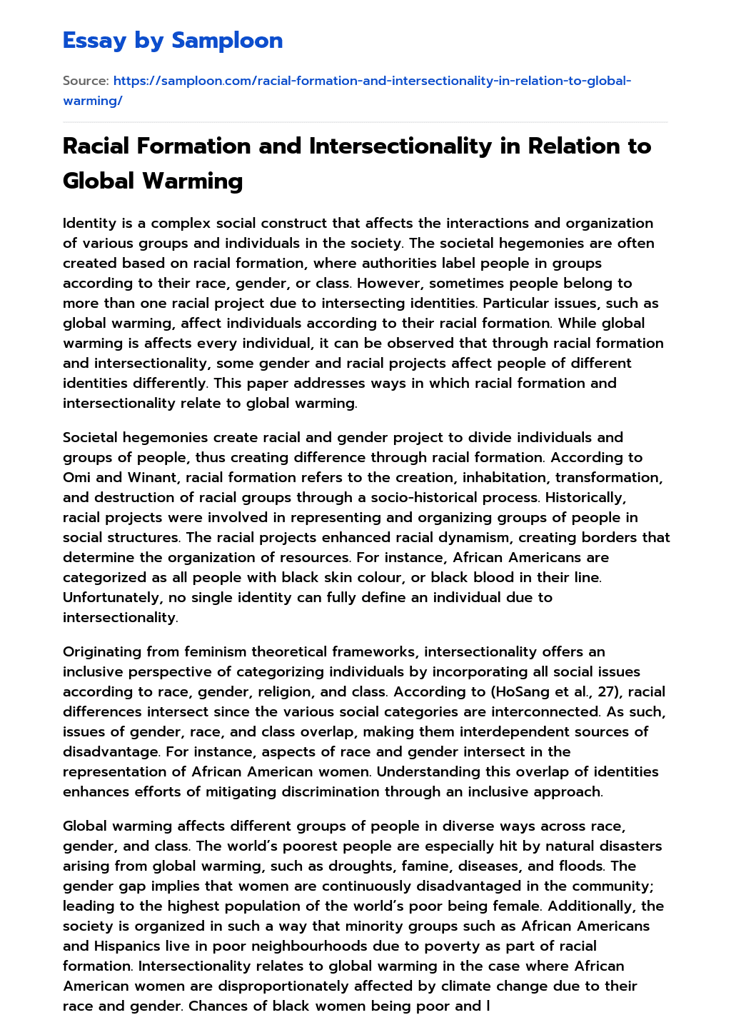 Racial Formation and Intersectionality in Relation to Global Warming essay