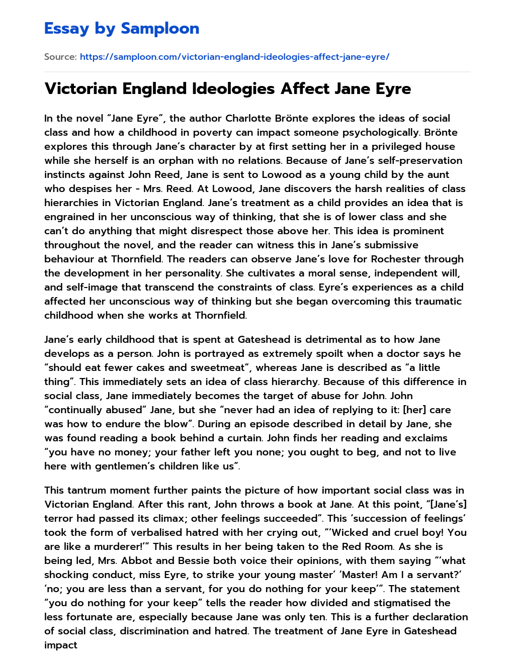 Victorian England Ideologies Affect Jane Eyre essay
